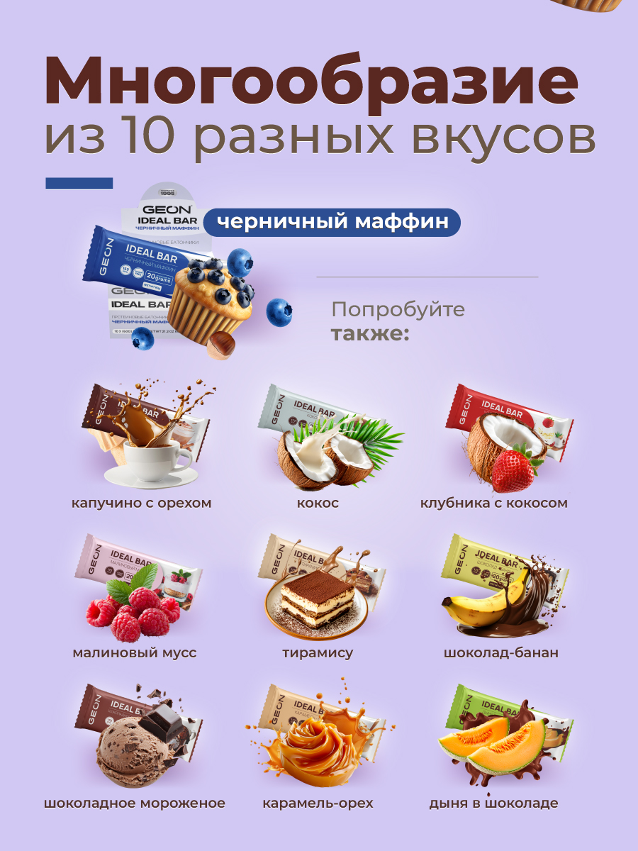 Протеиновые батончики GEON IDEALBAR  Черничный маффин, 33% белка (60г х 10шт.)
